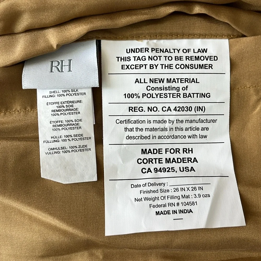Restoration Hardware silk tufted stitch sham Euro camel 100% silk NWOT 26 x 26